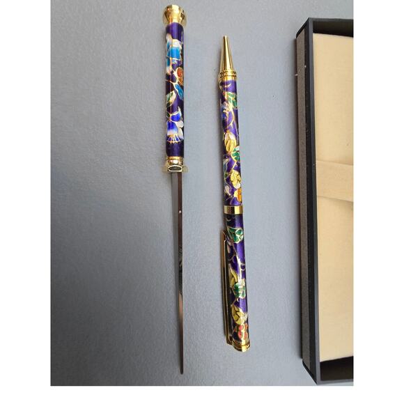 Vintage Cloisonne Pen & Letter Opener Refillable Set in Original Box NIB - Picture 2 of 5